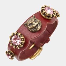 Pre Owned Gucci Feline Crystals Gold Tone Leather Bracelet