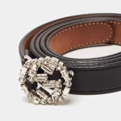 مملوكة مسبقًا Gucci Black Leather Interlocking G Crystals Slim Belt 90CM