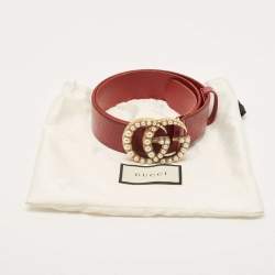 Gucci Red Leather Faux Pearls Double G Buckle Belt 80CM