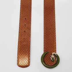 Pre Owned Gucci Metallic Brown Snakeskin Embossed Leather G Serpent Buckle Belt 90CM