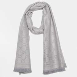 Pre Owned Gucci Grey Guccissima Patterned Wool Jacquard Scarf