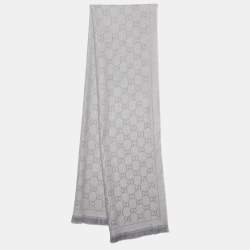 Pre Owned Gucci Grey Guccissima Patterned Wool Jacquard Scarf
