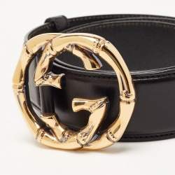 Pre Owned Gucci Black Leather Metal Bamboo Interlocking G Belt 80CM