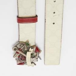 Pre Owned Gucci White/Red GG Supreme Canvas and Leather Anchor Buckle Belt 90 CM