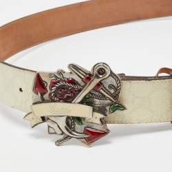 Pre Owned Gucci White/Red GG Supreme Canvas and Leather Anchor Buckle Belt 90 CM