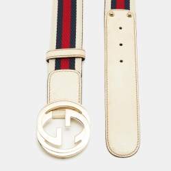 Gucci White Leather Web Detail Interlocking G Buckle Belt 85CM
