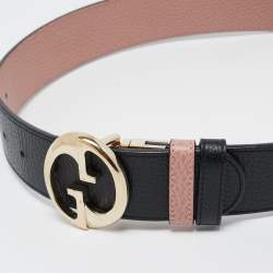 Gucci Black/Pink Leather Reversible 1973 Buckle Belt 70CM