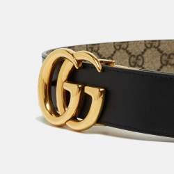 مملوكة مسبقًا Gucci Black/Beige GG Supreme and Leather GG Marmont Belt 65CM