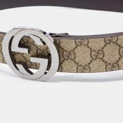 Pre Owned Gucci Beige/Brown GG Supreme Canvas and Leather Interlocking G Buckle Belt 95CM