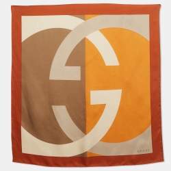 Gucci Orange Colorblock Interlocking G Print Silk Scarf