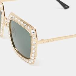 Pre Owned Gucci Gold/Black Crystals Square Oversized Sunglasses