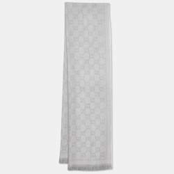 Gucci Grey GG Patterned Wool Fringed Scarf