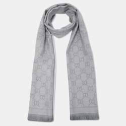 Gucci Grey GG Patterned Wool Fringed Scarf