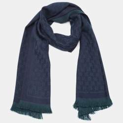 Pre Owned Gucci Navy Blue GG Jacquard Wool Fringed Scarf