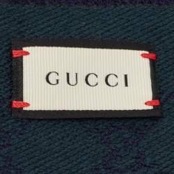 Pre Owned Gucci Navy Blue GG Jacquard Wool Fringed Scarf