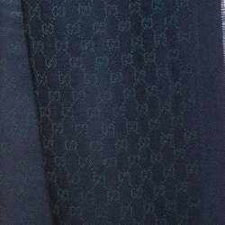 Pre Owned Gucci Navy Blue GG Jacquard Wool Fringed Scarf