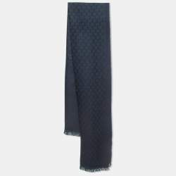 Pre Owned Gucci Navy Blue GG Jacquard Wool Fringed Scarf