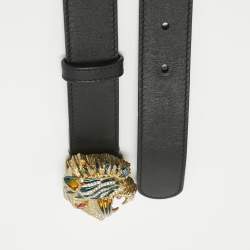 Gucci Black Leather Tiger Head Buckle Belt 80CM