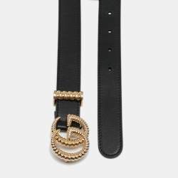 Pre Owned Gucci Black Leather Torchon Double G Buckle Slim Belt 80 CM