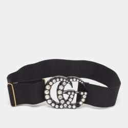Pre Owned Gucci Black Elastic Crystal Embellished Plexiglass GG Marmont Belt 75 CM