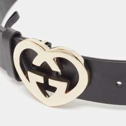 Pre Owned Gucci Black Leather GG Heart Buckle Belt 85CM