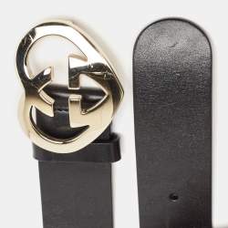 Pre Owned Gucci Black Leather GG Heart Buckle Belt 85CM
