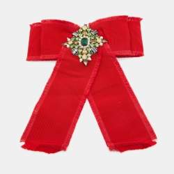Gucci Red Faux Pearl and Crystal Embellished Grosgrain Ribbon Bow Brooch