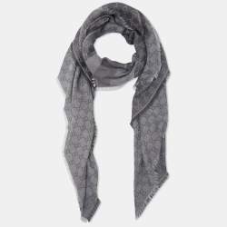 Gucci Grey Striped GG Jacquard Wool & Silk Shawl