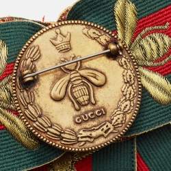 Gucci Green Bee Embroidered Web Ribbon Embellished Bow Brooch