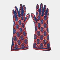 Pre Owned Gucci Blue/Red GG Embroidered Tulle Gloves M