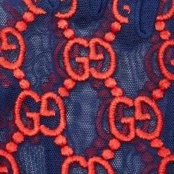 Pre Owned Gucci Blue/Red GG Embroidered Tulle Gloves M