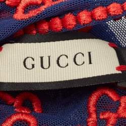 Pre Owned Gucci Blue/Red GG Embroidered Tulle Gloves M