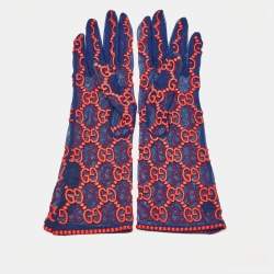Pre Owned Gucci Blue/Red GG Embroidered Tulle Gloves M