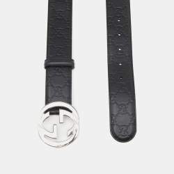 Gucci Black Guccissima Leather Interlocking GG Buckle Belt 80CM