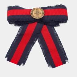 Gucci Navy Blue/Red Web Grosgrain Ribbon Bow Pin Brooch