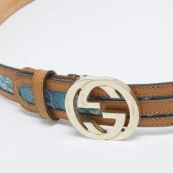 Pre Owned Gucci Blue GG Denim and Leather Trim Interlocking G Buckle Belt 90CM
