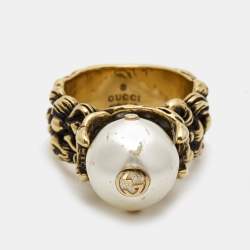 Gucci GG Faux Pearl Gold Tone Ring Size 61
