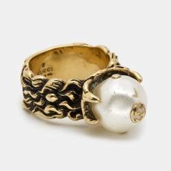 Gucci GG Faux Pearl Gold Tone Ring Size 61