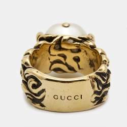 Gucci GG Faux Pearl Gold Tone Ring Size 61