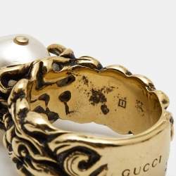 Gucci GG Faux Pearl Gold Tone Ring Size 61
