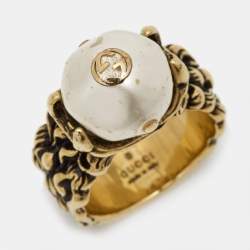 Gucci GG Faux Pearl Gold Tone Ring Size 61