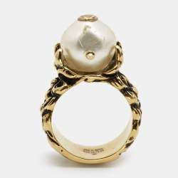 Gucci GG Faux Pearl Gold Tone Ring Size 61