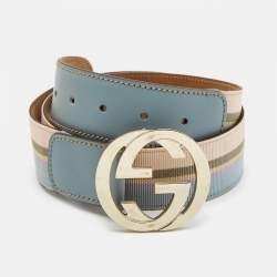 Gucci Multicolor Stripe Canvas and Leather Interlocking G Buckle Belt 85CM