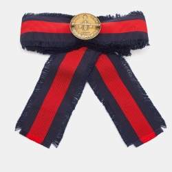 Gucci Blue & Red Grosgrain Web Crystal Bow Two Tone Metal Brooch
