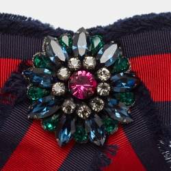 Gucci Blue & Red Grosgrain Web Crystal Bow Two Tone Metal Brooch