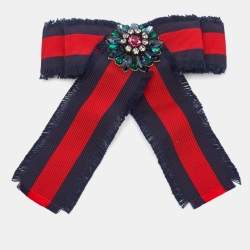 Gucci Blue & Red Grosgrain Web Crystal Bow Two Tone Metal Brooch