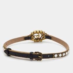 Gucci GG Crystals Leather Gold Tone Choker Necklace