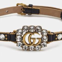 Gucci GG Crystals Leather Gold Tone Choker Necklace