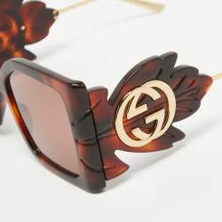 Pre Owned Gucci Brown Tortoise GG0535S Leaf Motif Oversized Sunglasses