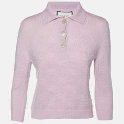 Gucci Pink Monogram Patterned Lurex Knit Long Sleeve Polo XS
